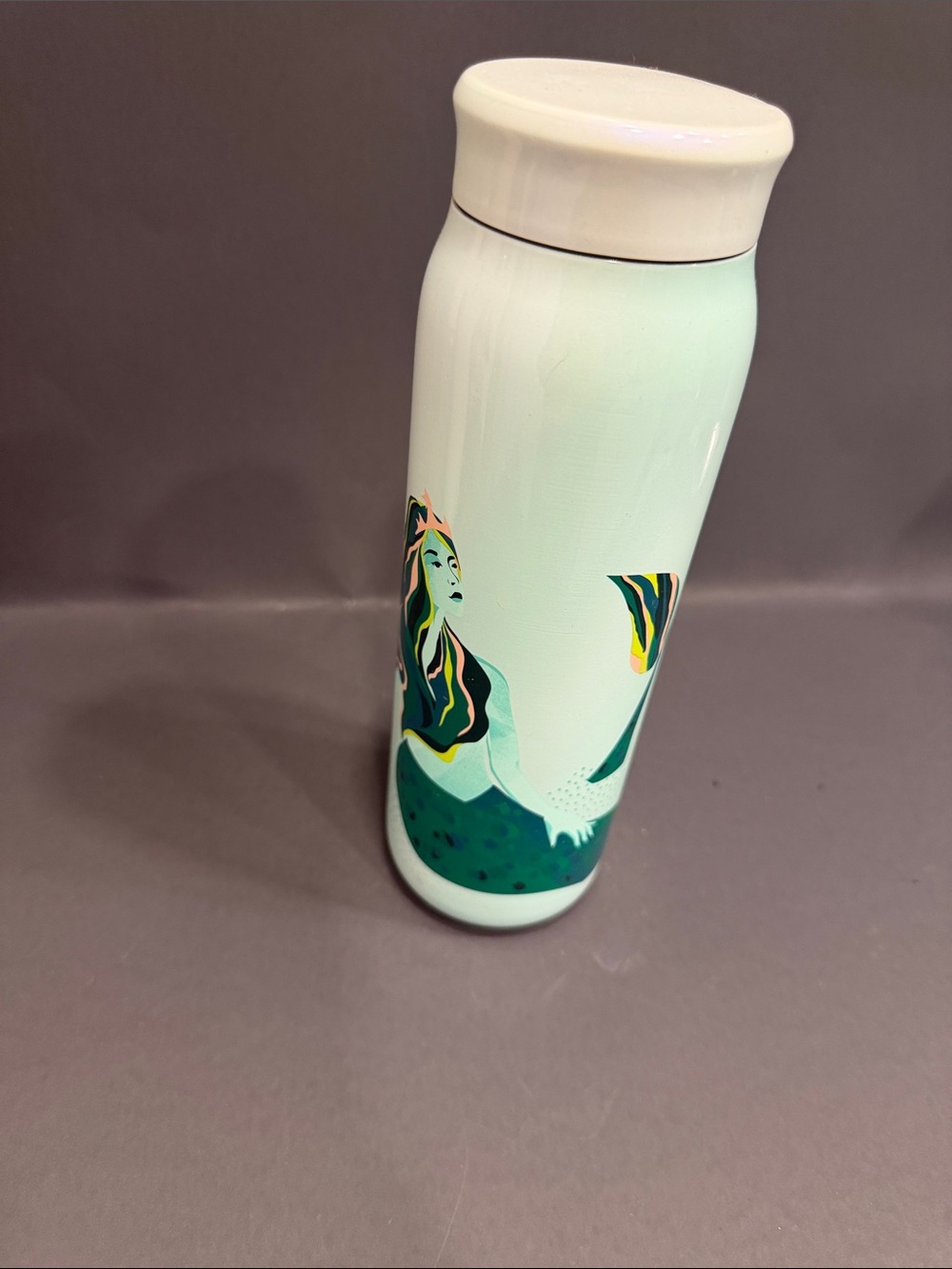 Starbucks White Ceramic Tumbler with Teal and Yellow Mermaid Art